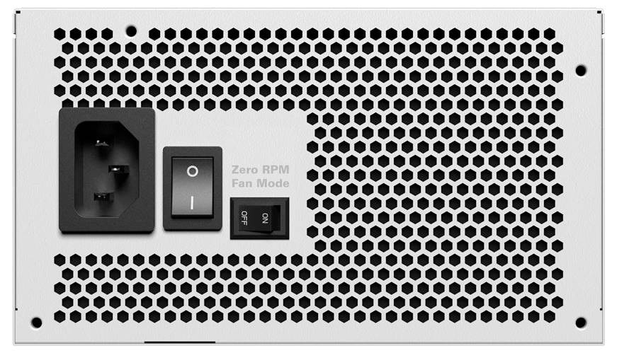 Tylny panel zasilacza komputerowego z sześciokątną kratką wentylacyjną, gniazdem zasilania AC, przełącznikiem włączania/wyłączania i przełącznikiem trybu wentylatora zero RPM.