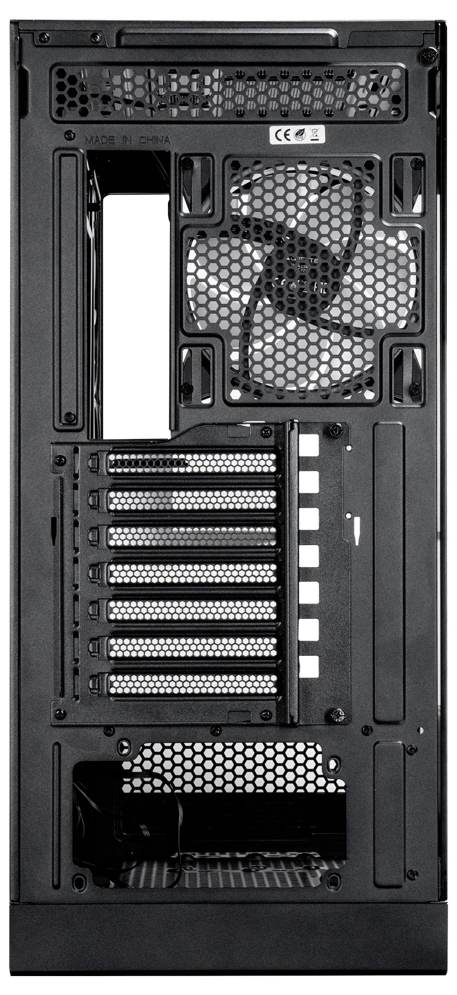 Widok z tyłu czarnej obudowy komputerowej pokazujący kratki wentylacyjne, wycięcia płyty głównej i siedem gniazd kart rozszerzeń.