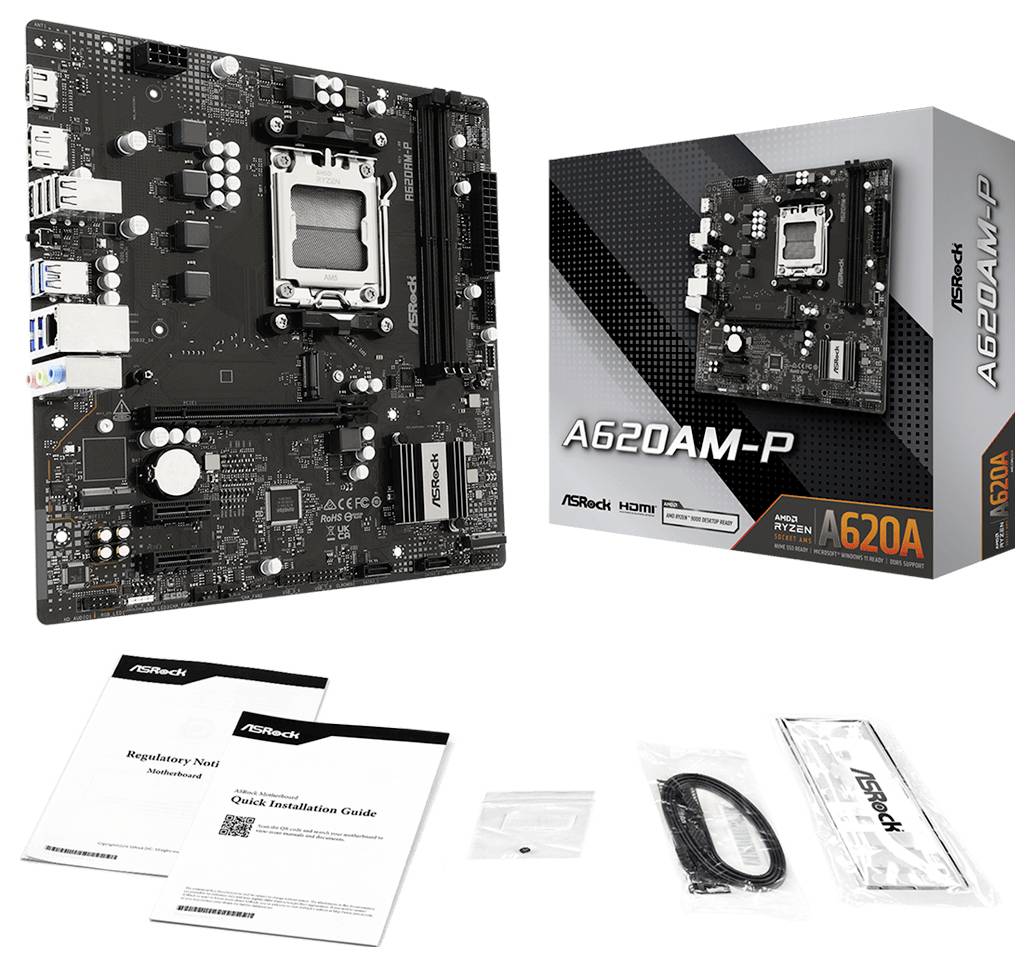 Płyta główna ASRock A620AM-P pokazana wraz z opakowaniem detalicznym, przewodnikiem szybkiej instalacji, kablami i akcesoriami.