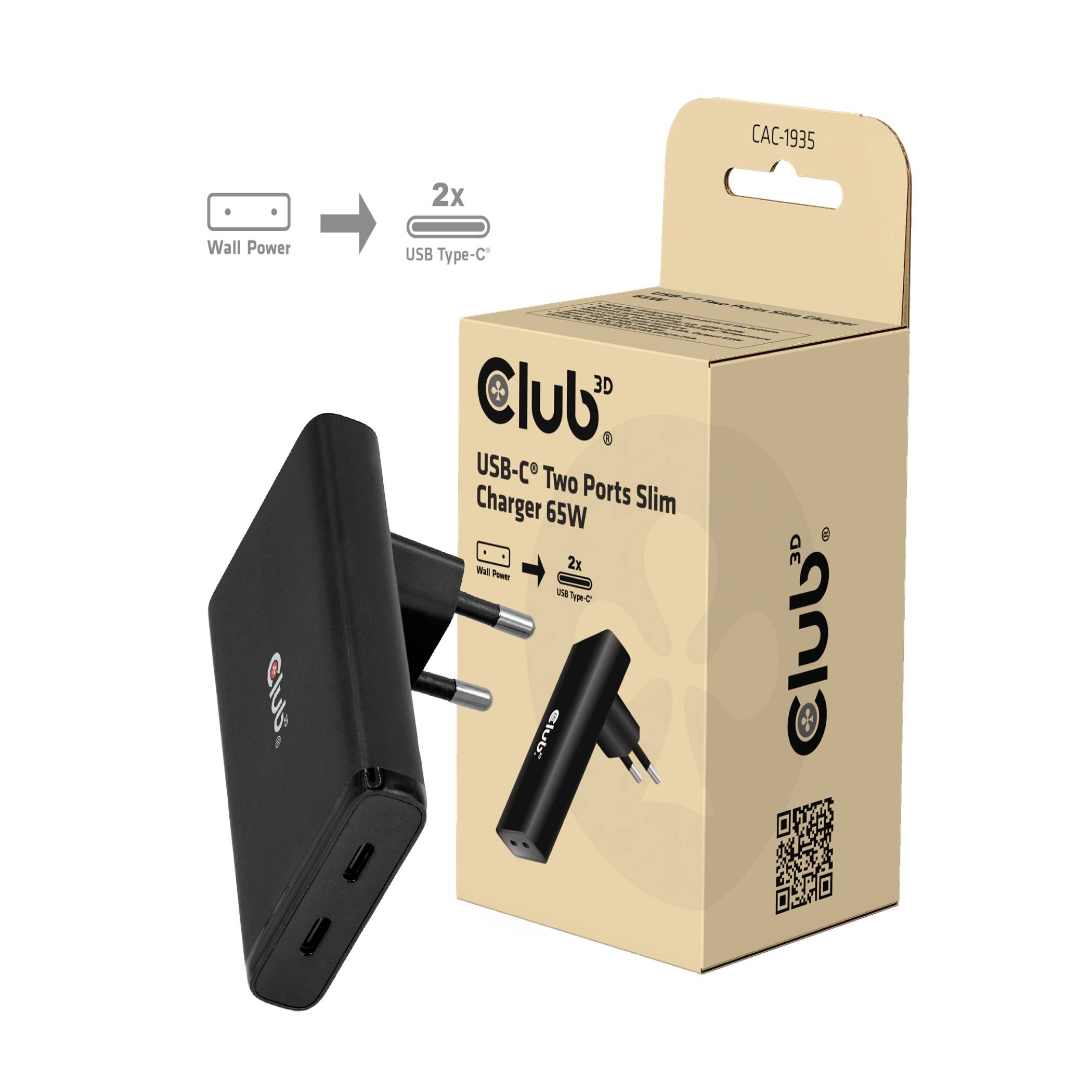 Obraz produktu czarnej ładowarki sieciowej Club 3D USB-C z dwoma portami slim 65W z portami USB-C i USB-C, pokazany wraz z pudełkiem detalicznym i ikonami kompatybilności wtyczek.