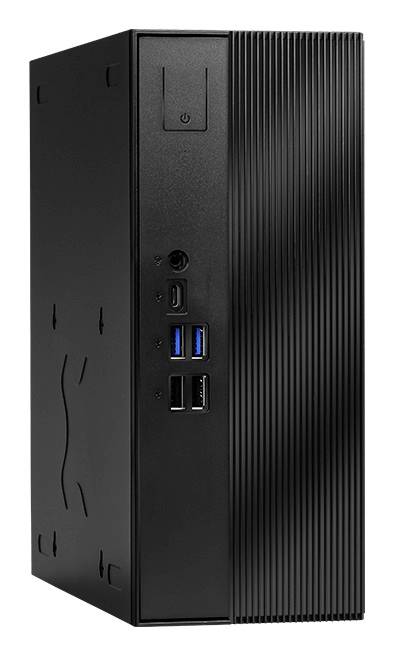 Czarna obudowa komputera stacjonarnego pokazana z przodu, z przyciskiem zasilania, portami USB i panelem wentylacyjnym na przedzie.