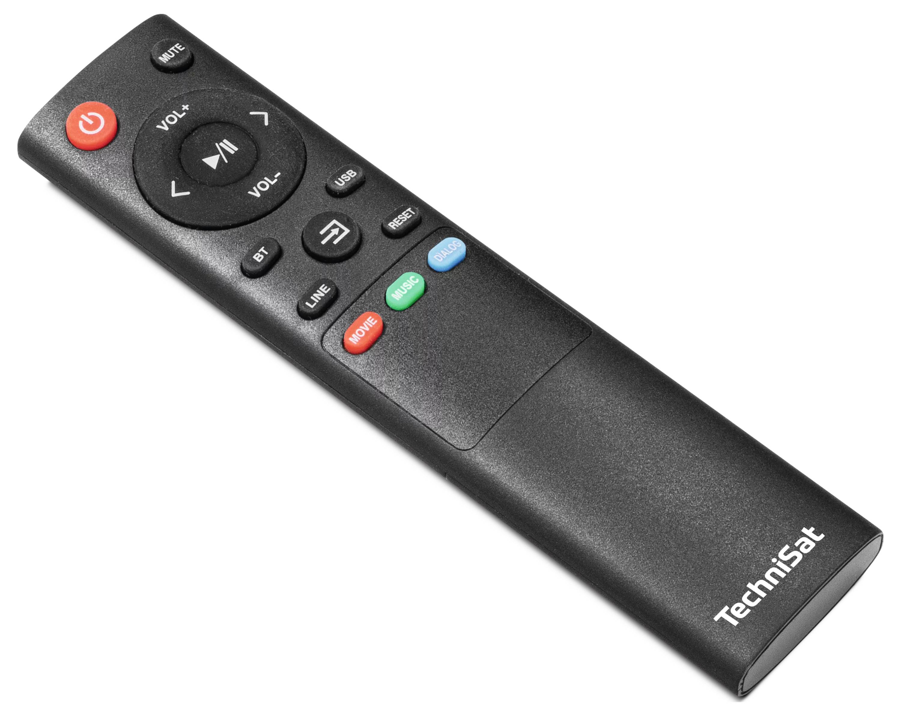 Czarny pilot zdalnego sterowania Technisat z przyciskami zasilania, głośności, nawigacji multimediów i trybów dla urządzeń TV/audio