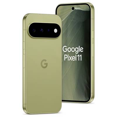 Dwa złote smartfony Google Pixel 11 pokazane z przodu i z tyłu, gdzie wyświetlacz z przodu wyświetla napis "Google Pixel 11", a tył charakteryzuje się poziomym paskiem aparatu.