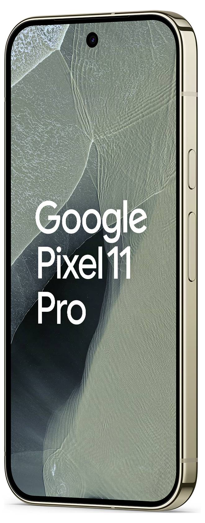 Smartfon Google Pixel 11 Pro pokazany z przodu i z boku, z pęknięciem w lewym górnym rogu wyświetlacza i tekstem „Google Pixel 11 Pro" na ekranie.