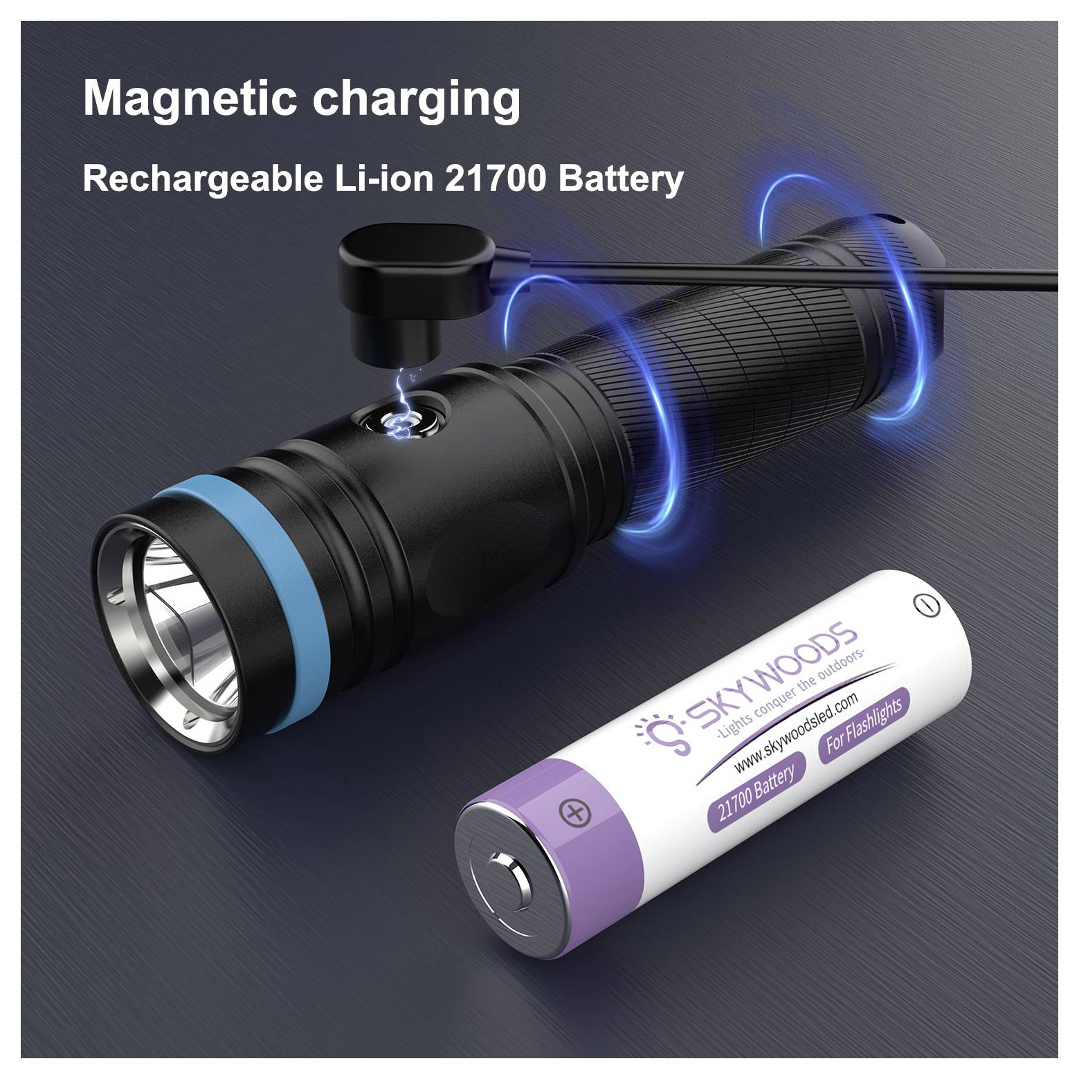 Latarka z ładowaniem magnetycznym z dołączoną akumulatorem Li-ion 21700 typu rechargeable, pokazana z niebieskimi pierścieniami ładowania i kablem ładowarki.