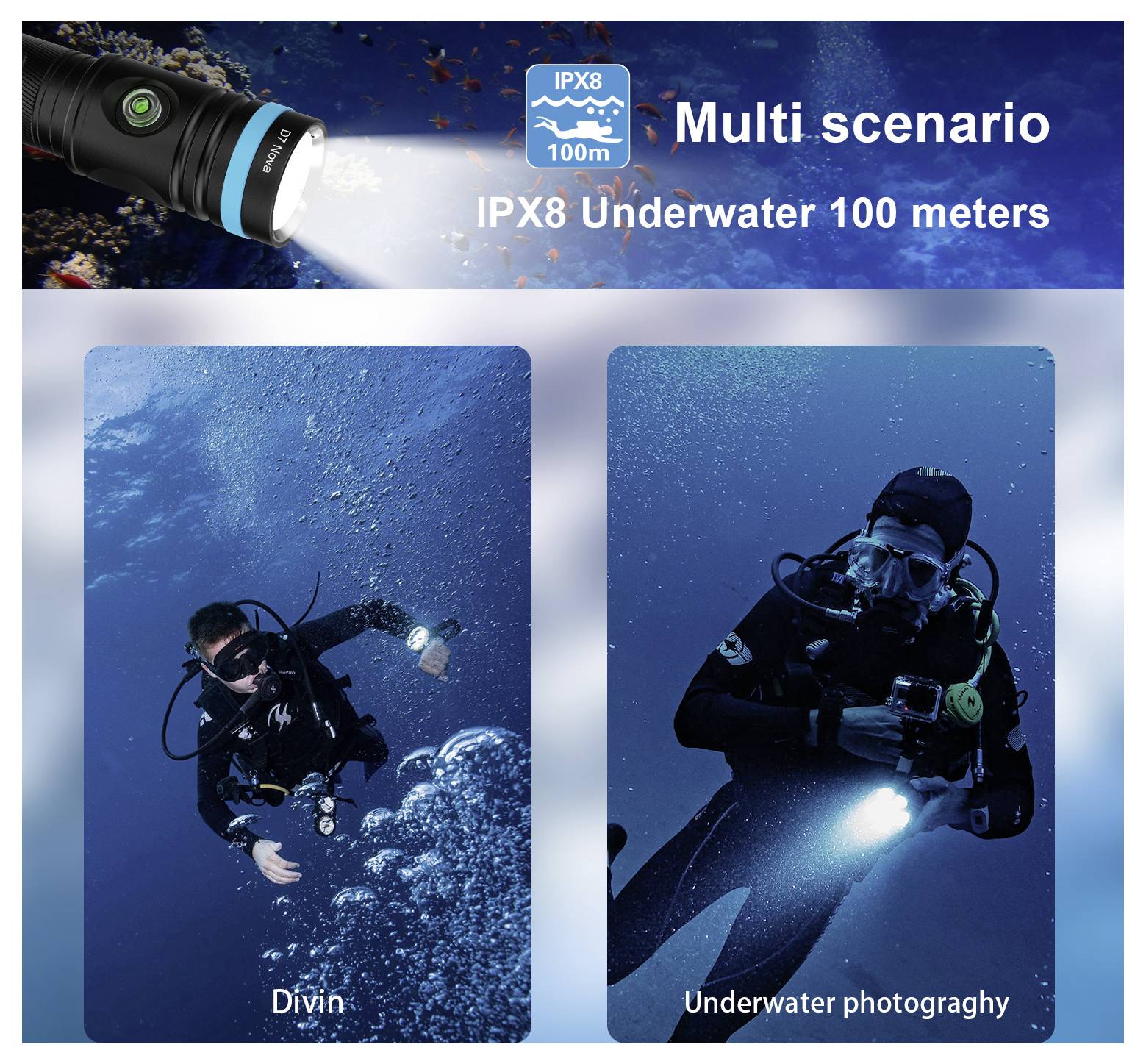 Grafika promocyjna latarki wodoszczelnej IPX8, prezentująca "Multi scenario" i "IPX8 Underwater 100 meters" z dwiema zdjęciami nurków oznaczonymi "Divin" i "Underwater photography".