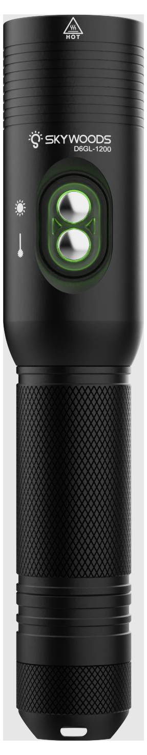 Latarka Black Skywoods DDL-1200 pokazana w pozycji pionowej, z podwójnymi okrągłymi przednimi światłami i teksturowanym uchwytem.