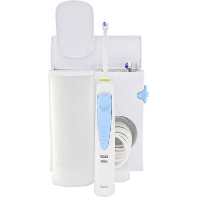 Irygator Oral-B Braun OxyJet z białym zbiornikiem, niebieską rączką zasilającą, wężem i dyszą rozpylającą.