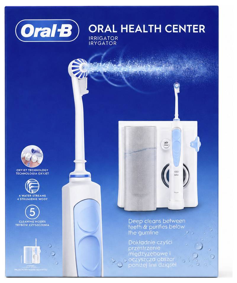 Centrum Zdrowia Jamy Ustnej Oral-B zestaw urządzenia do płukania wodno-nici pokazujący irygator, jednostkę bazową i oświadczenie „Głębokie czyszczenie między zębami i oczyszczanie poniżej linii dziąseł".