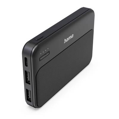 Czarna Hama Powerbank 5000mAh z dwoma portami USB i wskaźnikiem LED stanu naładowania.
