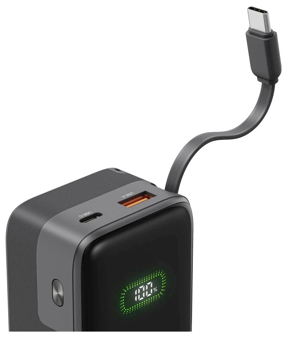 Przenośny powerbank ze wbudowanym kablem USB-C i cyfrowym wyświetlaczem baterii pokazującym 100% naładowania.