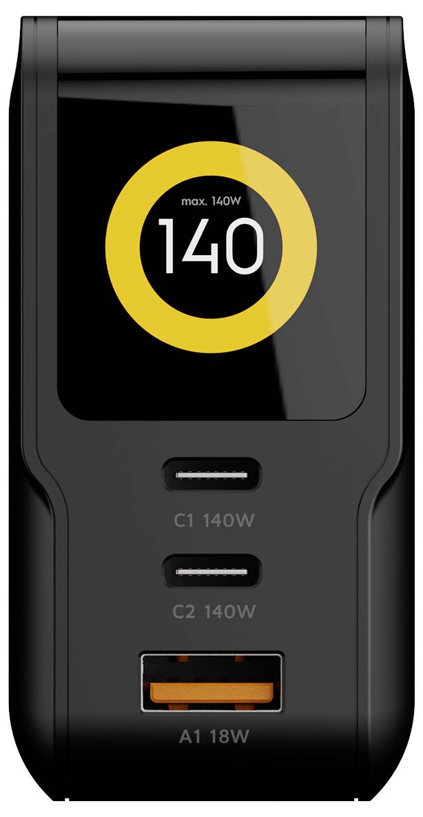 Czarna ładowarka zasilająca wyświetlająca moc wyjściową 140W, dwa porty USB-C oznaczone jako C1 140W i C2 140W oraz jeden port USB-A oznaczony jako A1 18W.