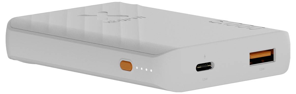 Szara przenośna bateria zasilająca z pomarańczowymi portami USB-A i USB-C, przyciskiem zasilania i czterema wskaźnikami LED poziomu naładowania.