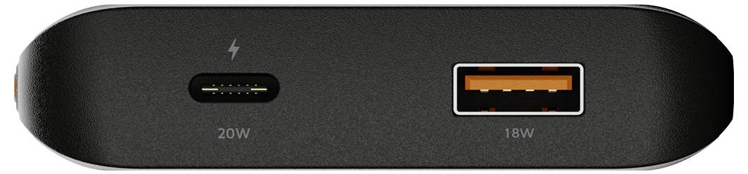 Zbliżenie panelu portów czarnego urządzenia pokazujące port USB-C oznaczony 20W i port USB-A oznaczony 18W.
