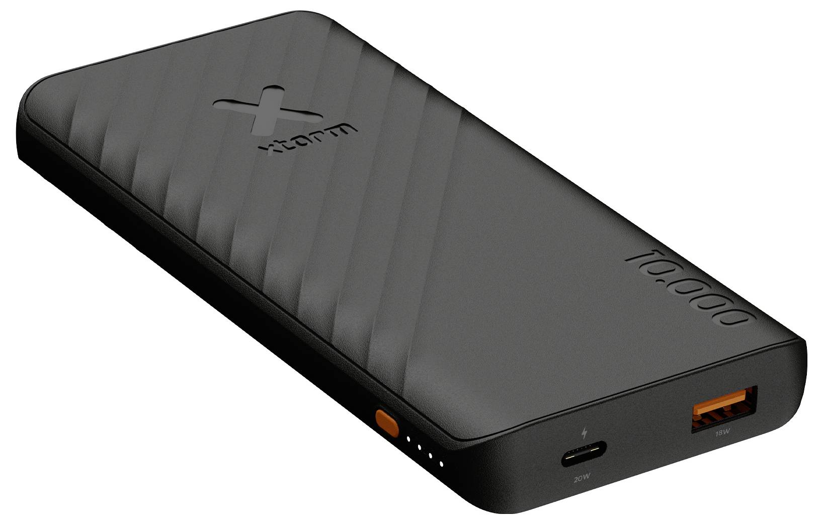 Przenośny bank mocy w kolorze czarnym z logo Xcentz, porty USB-A i USB-C oraz cztery wskaźniki LED ładowania na froncie.