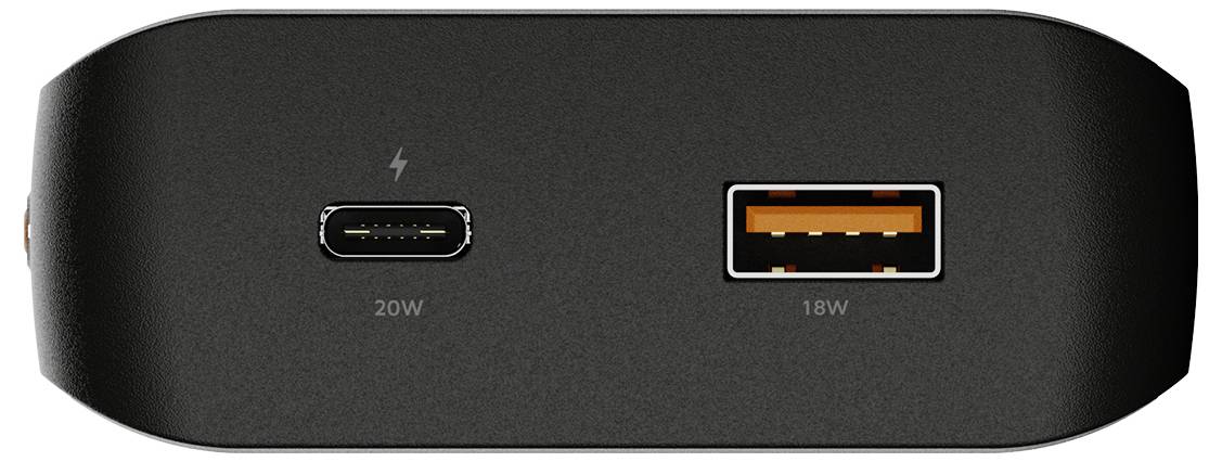 Czarna ładowarka sieciowa z portami USB-C i USB-A, oznaczona mocą 20W i 18W, do ładowania urządzeń.