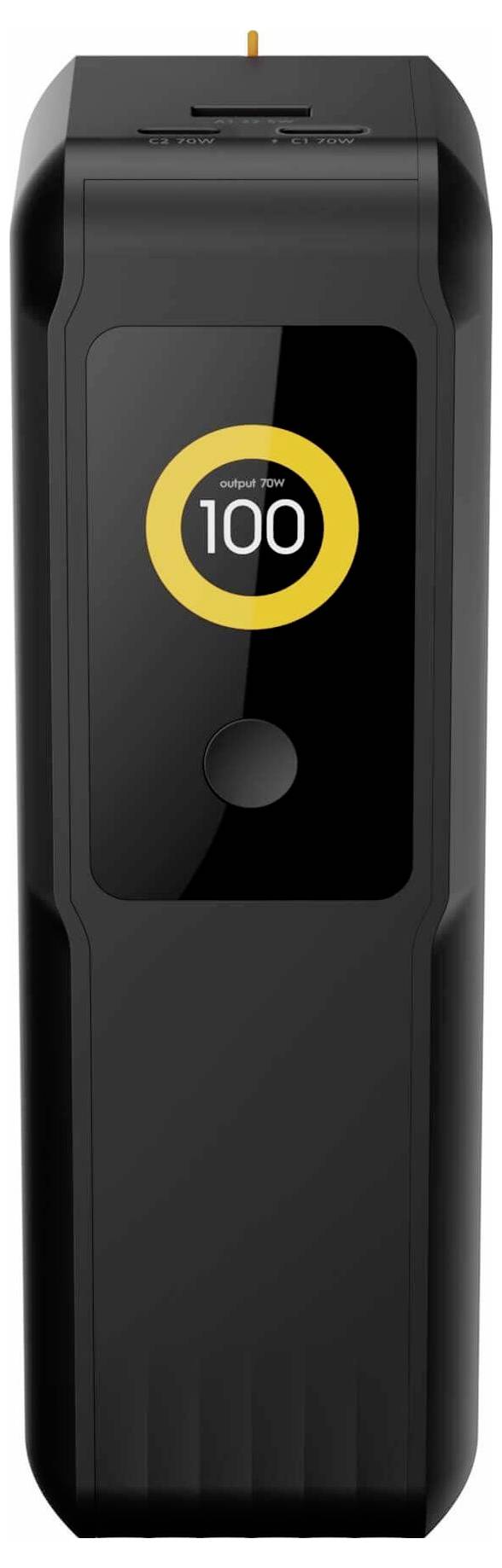 Czarne urządzenie przenośne z wyświetlaczem z przodu pokazującym żółty pierścień i wskaźnik naładowania/stanu '100'.