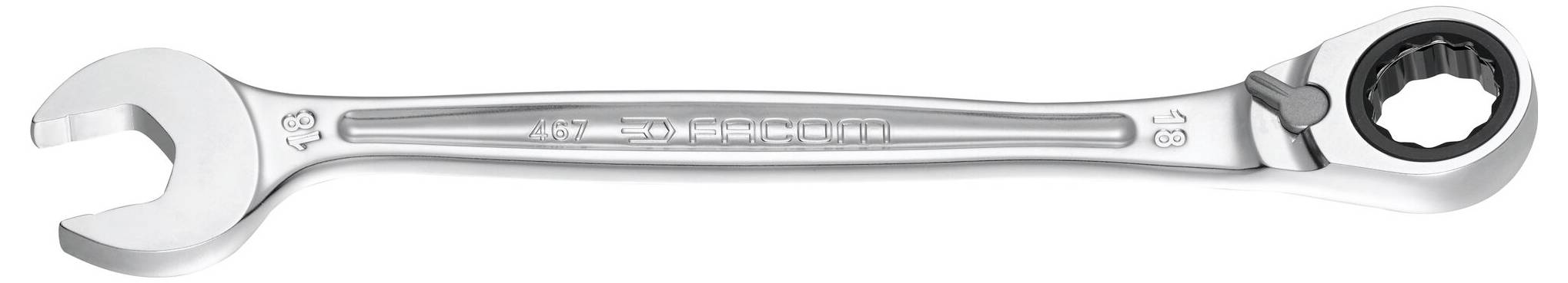Srebrny klucz kombinowany, otwarta głowica po lewej stronie i napędzana głowica oczkowa po prawej stronie, pokazana na białym tle.