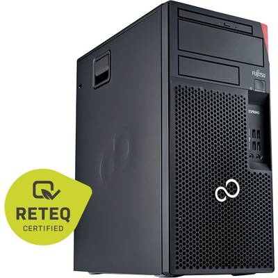 Czarna stacjonarna wieża komputerowa Fujitsu Esprimo z przednimi gniazdami dysków i kratką wentylacyjną, pokazana z odznaczeniem „RETEQ CERTIFIED".