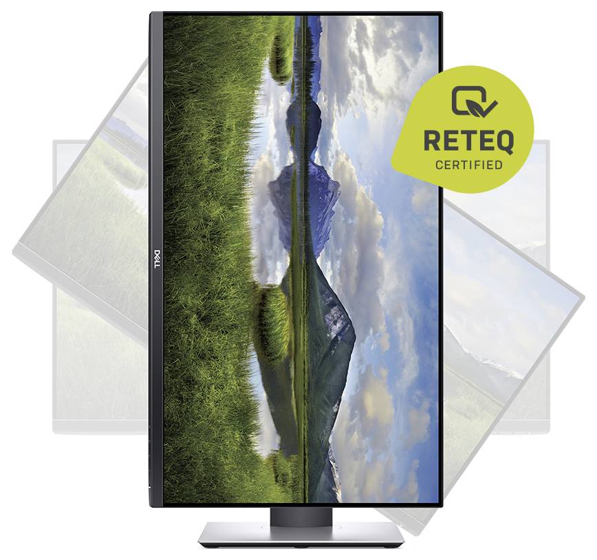 Monitor Dell wyświetlający krajobraz gór i jeziora, z certyfikatem „RE100 Certified" w prawym górnym rogu.