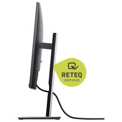 Widok z boku płaskiego monitora na statywie z kablem, oznaczony zielonym odznaczeniem "RETEQ CERTIFIED".