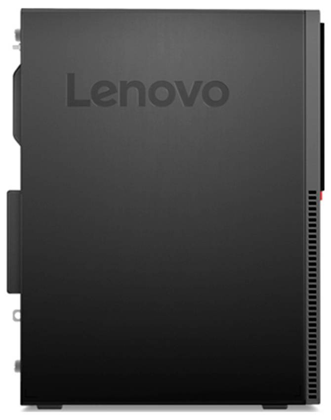 Czarna wieża komputera stacjonarnego Lenovo pokazana z przodu, z logo Lenovo blisko góry i bocznym panelem wentylacyjnym.