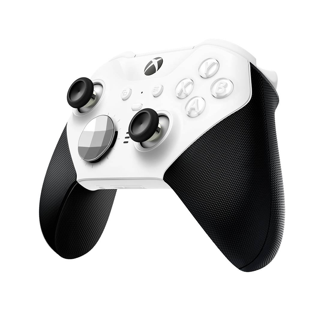 Biały kontroler gry Xbox z czarnymi uchwytami i joystickami na neutralnym tle.