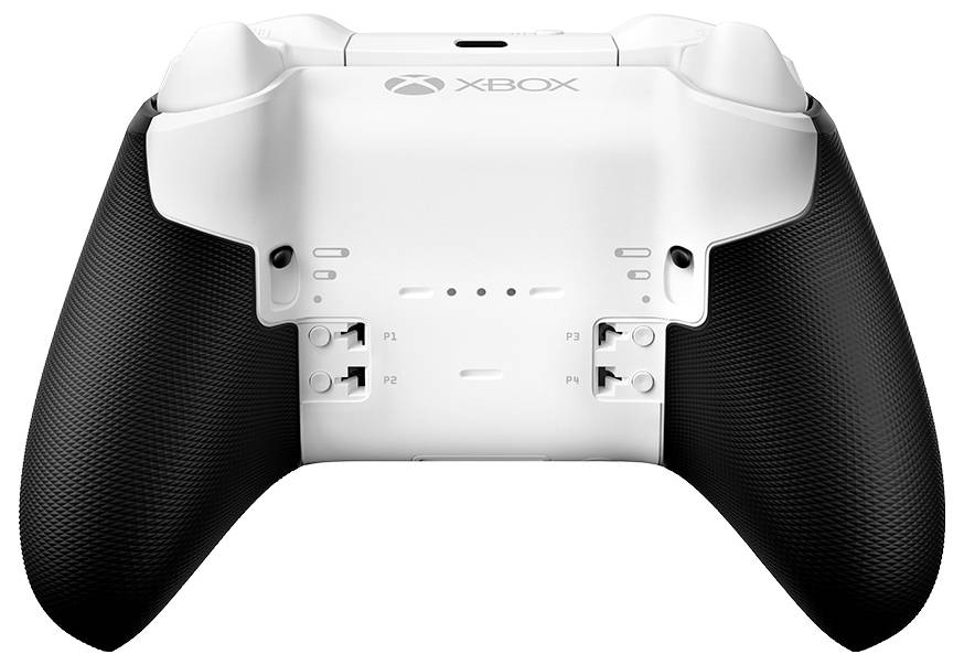 Widok tylny kontrolera gry Xbox z białą obudową i czarnymi teksturowanymi chwytem, pokazujący tylne pedały, przyciski profilu i logo Xbox.