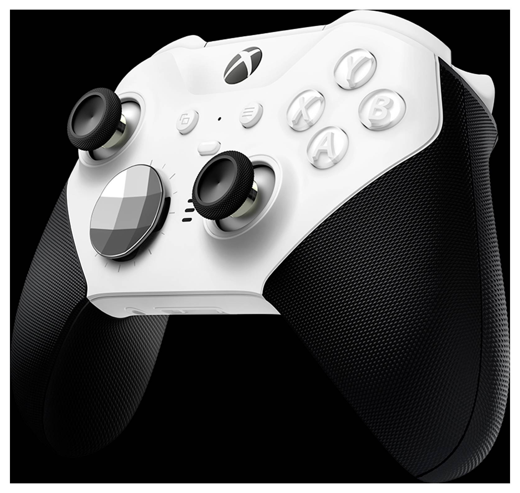 Biało-czarny kontroler do gier w stylu Xbox z dwoma analogami i przyciskami ABXY na czarnym tle.