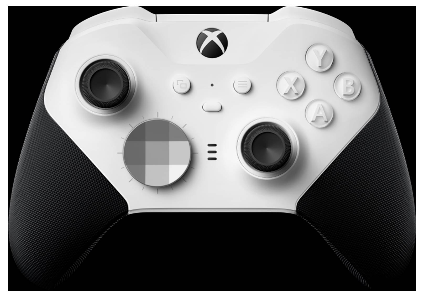 Biały i czarny kontroler do gier w stylu Xbox, widok z przodu z dwoma analogowymi gałkami sterującymi, krzyżakiem kierunkowym, przyciskami twarzy i centralnym logo Xbox.