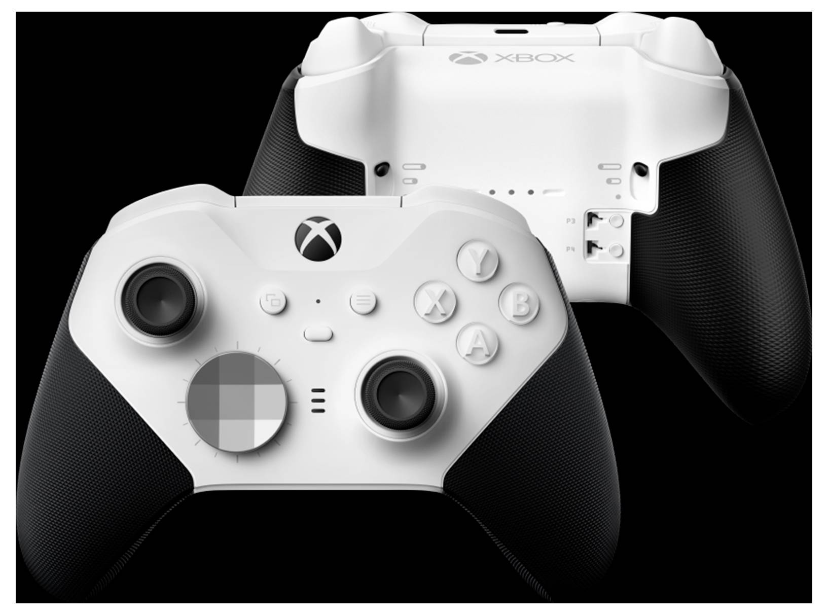 Dwa bezprzewodowe kontrolery Xbox, jeden widok z przodu i jeden widok z tyłu, w kolorze białym i czarnym z szarymi akcentami na czarnym tle.