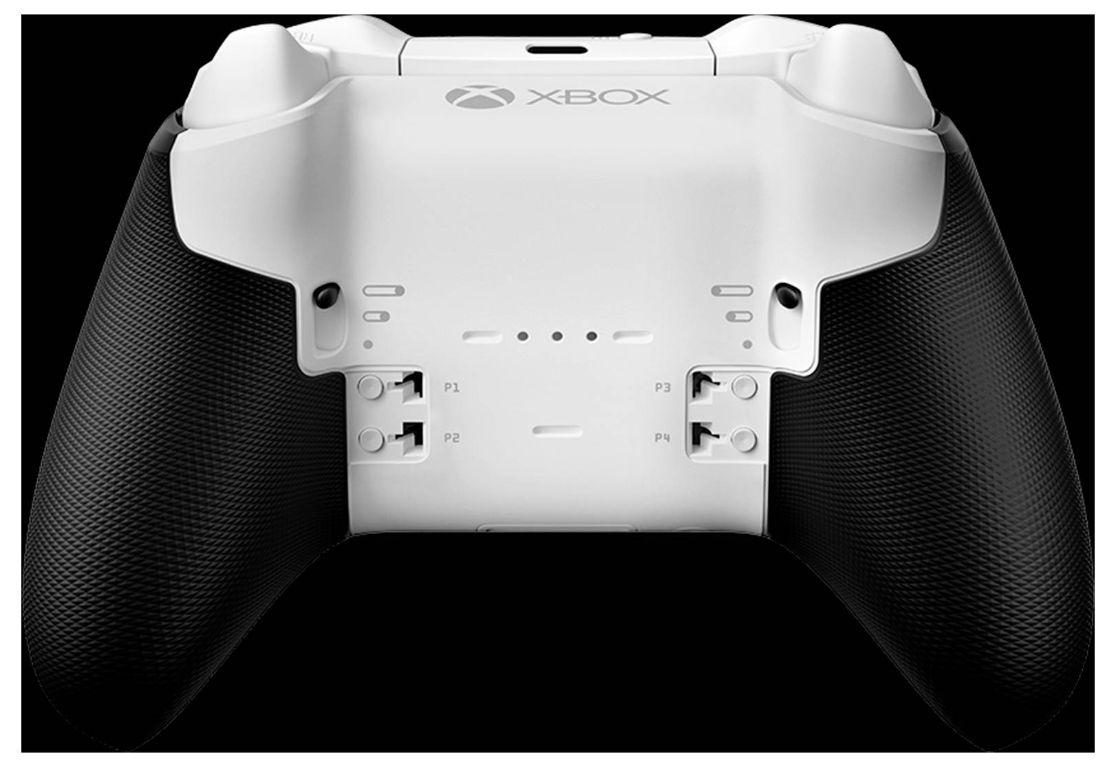 Kontroler gry Xbox z białą górną obudową i czarnymi teksturowanymi uchwyty, pokazujący oznaczone przyciski tylne P1 do P4 na czarnym tle.