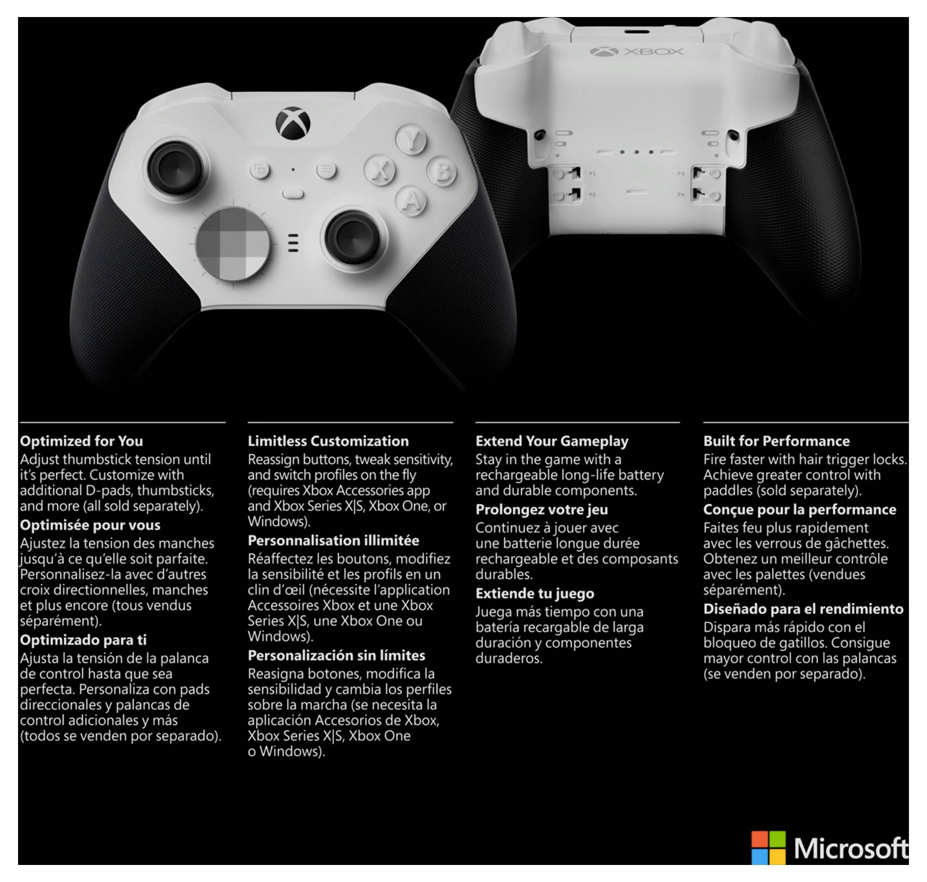 Promocyjny obraz kontrolera Xbox z wymiennymi częściami, pokazujący regulowane drążki analogowe, pad kierunkowy i pagony, plus tekst o dostosowywaniu, dłuższej grze i wydajności; logo Microsoft na dole.