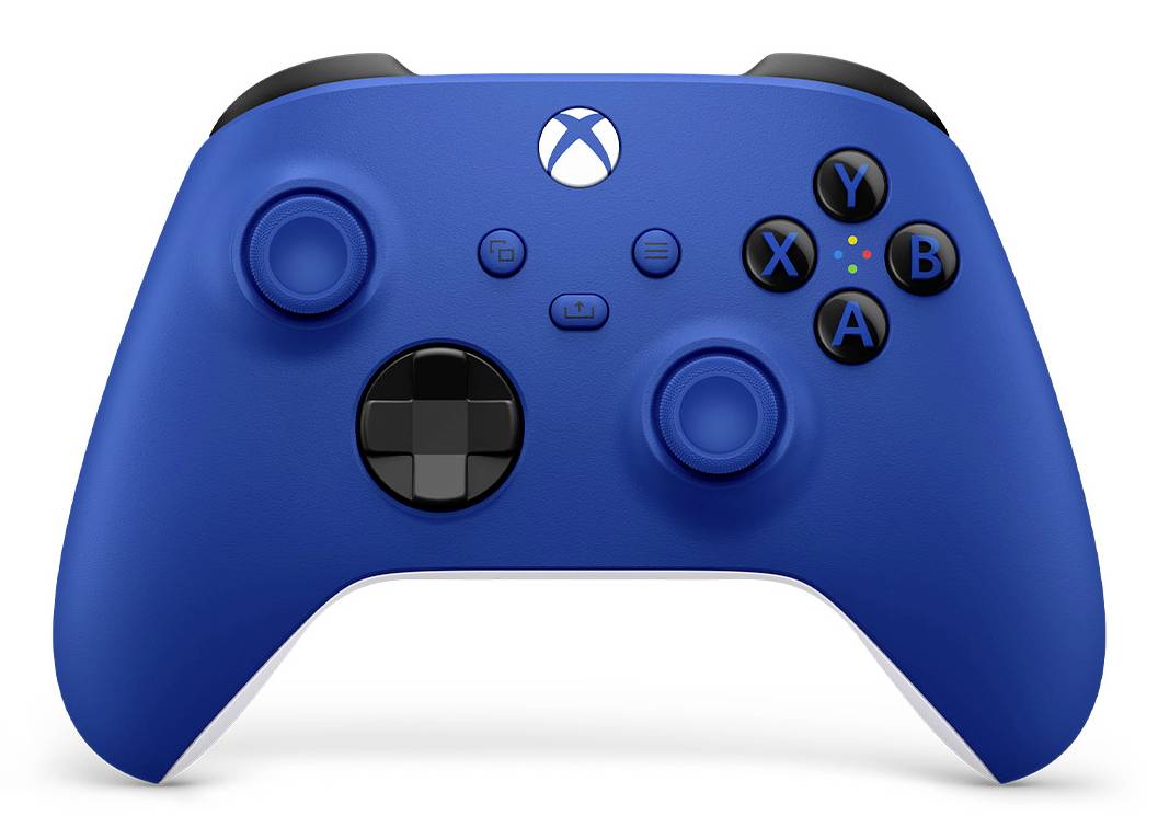 Niebieski bezprzewodowy kontroler gry Xbox na białym tle, widok z przodu z drążkami analogowymi, krzyżakiem kierunkowym, przyciskami i logo Xbox.