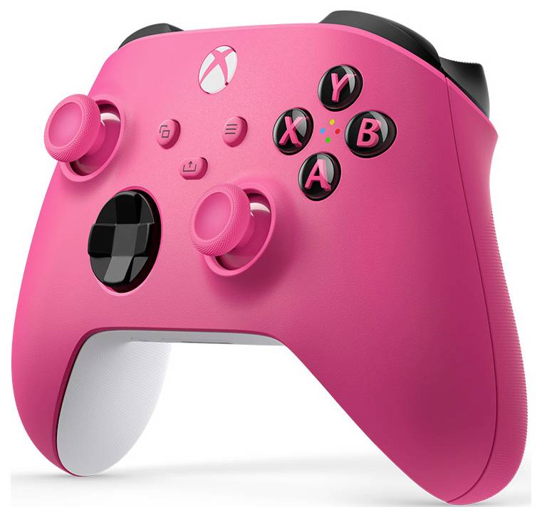 Różowy kontroler gier w stylu Xbox z czarnymi przyciskami, dwoma joystickami i krzyżakiem kierunkowym, pokazany na białym tle.