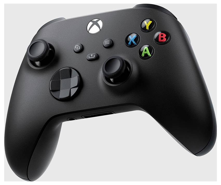 Czarny bezprzewodowy kontroler gry Xbox z drążkami analitycznymi, krzyżakiem kierunkowym i kolorowymi przyciskami A, B, X, Y na jasnym tle.