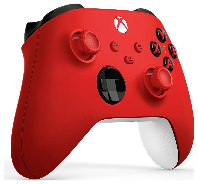 Czerwony kontroler do gier w stylu Xbox z czarnymi drążkami analogowymi, krzyżakiem kierunkowym i przyciskami twarzy na białym tle.
