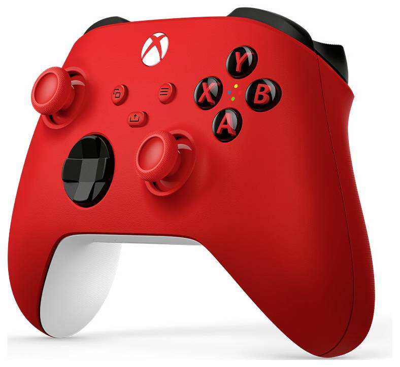 Czerwony kontroler do gier w stylu Xbox z czarnymi przyciskami i joystickami na białym tle.