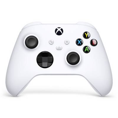 Biały kontroler do gier Xbox z czarnymi pokrętłami analogowymi, krzyżakiem kierunkowym i kolorowymi przyciskami A/B/X/Y, pokazany z przodu na zwykłym tle.