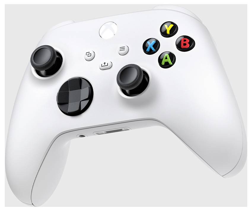 Biały kontroler do gier w stylu Xbox z dwoma analogowymi drążkami, krzyżakiem kierunkowym, przyciskami centralnymi oraz kolorowymi przyciskami akcji A, B, X, Y na jasnym tle.