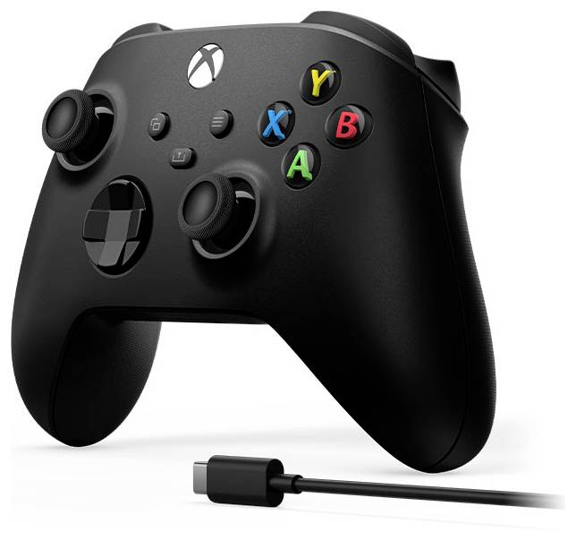 Czarny kontroler do gier Xbox z kablem i odłączalną przejściówką pokazany na białym tle.