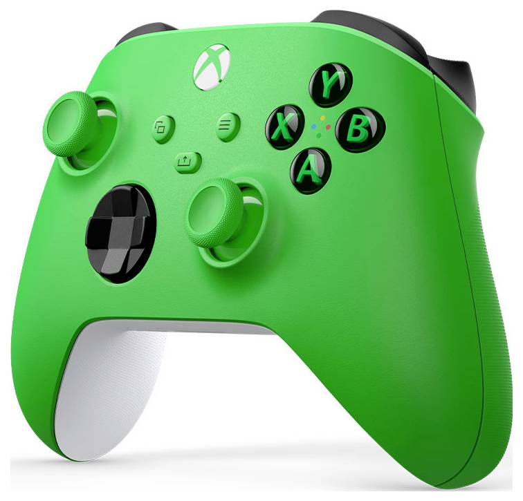 Jasno zielony kontroler do gier w stylu Xbox z czarnymi przyciskami i analogowymi gałkami sterowania na białym tle.