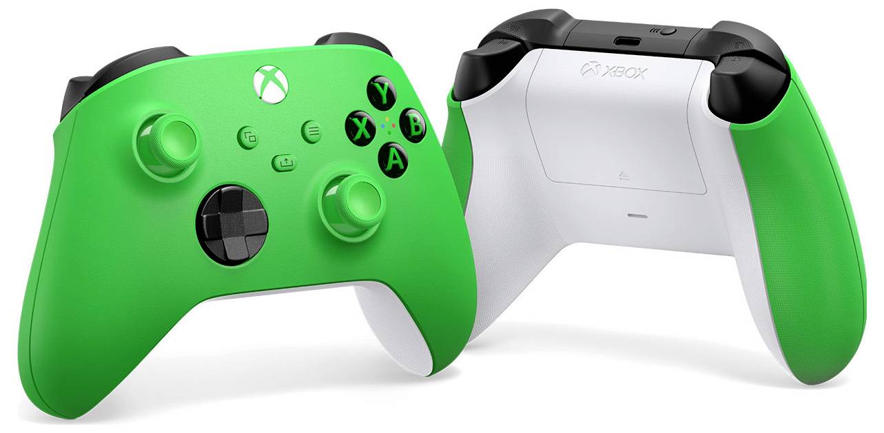 Dwa widoki kontrolera w stylu Xbox, pokazane z przodu i z tyłu, z jasnozielonymi uchwytem i czarno-białą obudową.