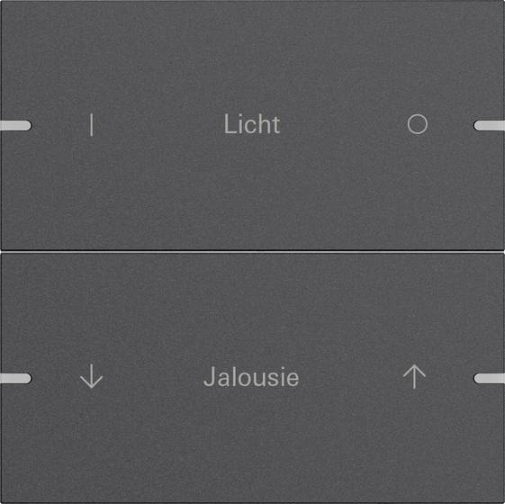 Dwa szare włączniki ścienne oznaczone „Licht" i „Jalousie"; górny włącznik służy do oświetlenia, a dolny wykorzystuje strzałki w górę i w dół do sterowania żaluzjami.