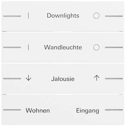 Panel przełączników ściennych z czterema opisanymi kontrolami w języku niemieckim: Downlights, Wandleuchte, Jalousie, Wohnen i Eingang, każdy z ikonami wskaźników.