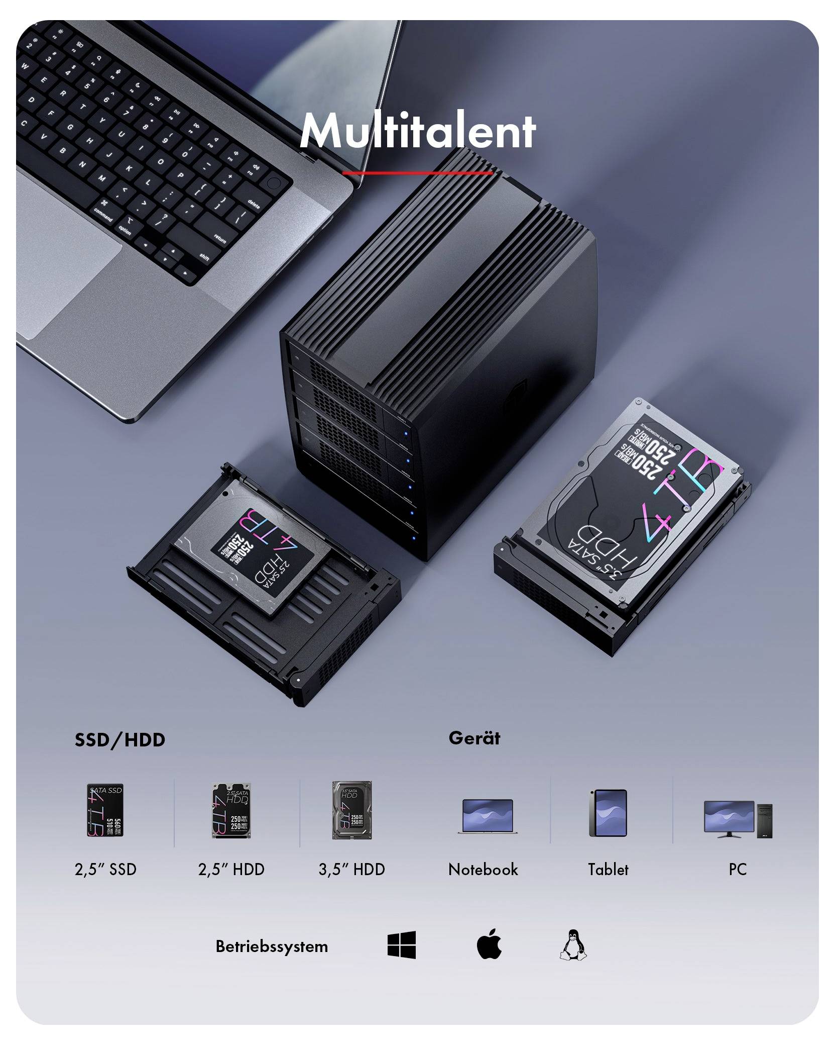 Urządzenie przechowywania wielofunkcyjne pokazane z laptopem i wymiennymi zasobnikami dysków, kompatybilne z 2,5" SSD/HDD, 3,5" HDD, notebookiem, tabletem, PC, Windows, Mac i Linux.