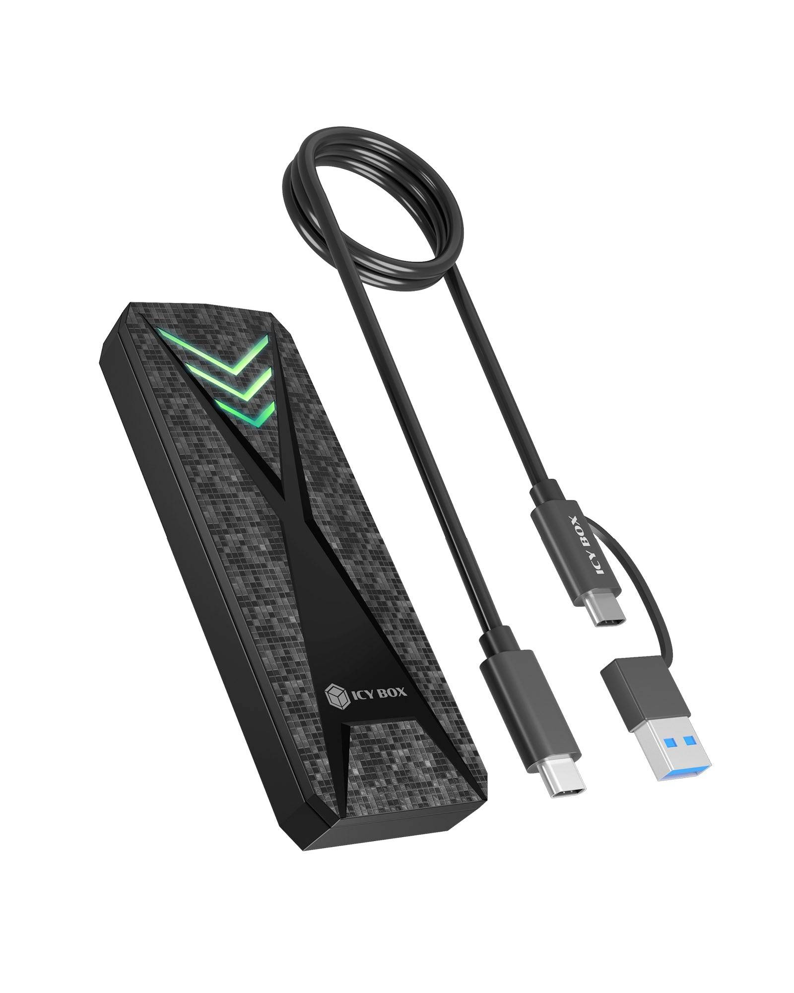 Czarny hub/stacja dokująca KY BOX USB-C z plecionym kablem i adapterami, pokazany obok złączy USB-C i USB-A na białym tle.