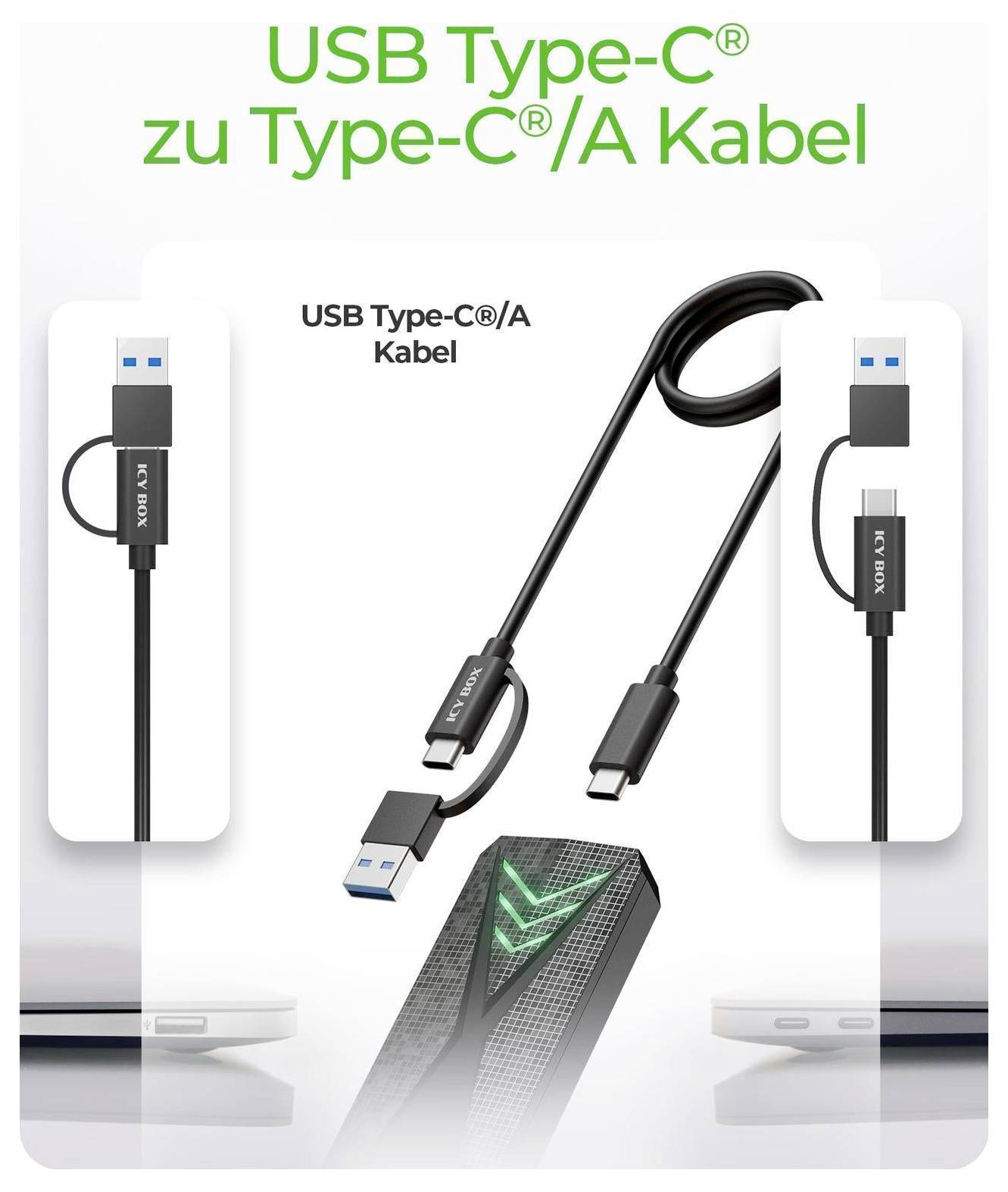 Obraz produktu przedstawiający kabel USB Type-C do USB Type-C/A, pokazujący oba złącza oraz czarny kabel w spleceniu przeznaczony do ładowania lub transferu danych.
