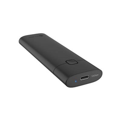 Czarna przenośna dysk SSD z portem USB-C i małym niebieskim wskaźnikiem LED, pokazana na białym tle.