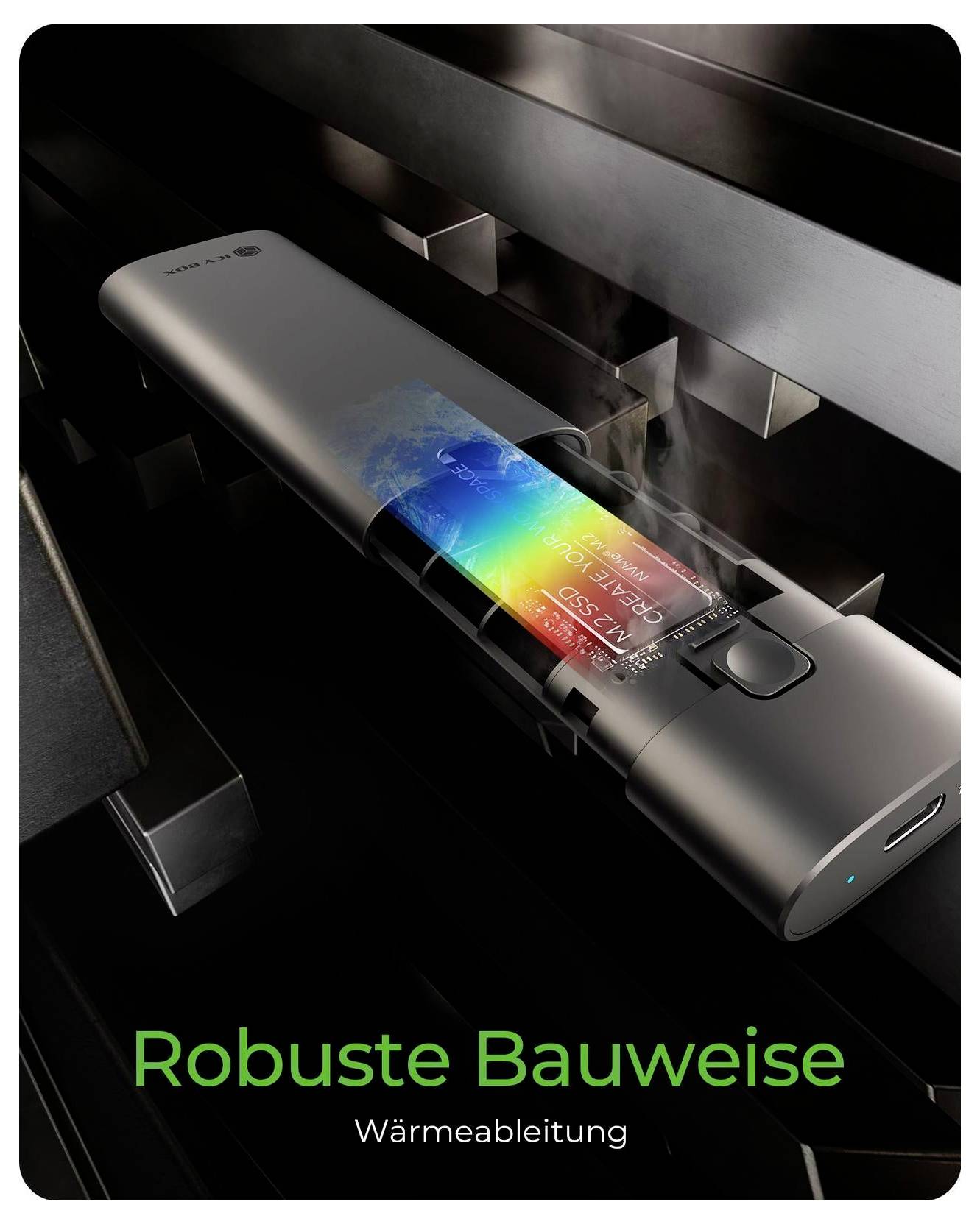 Przenośne urządzenie w kolorze czarnym pokazane z grafiką rozpraszania ciepła i niemieckim tekstem 'Robuste Bauweise' i 'Wärmeableitung', wskazując na wytrzymałą konstrukcję i zarządzanie termiczne.